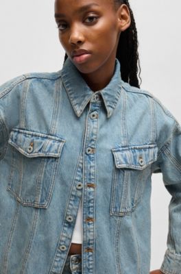 Long-length blue-denim shirt with patch pockets, Blue