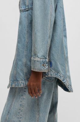 Long-length blue-denim shirt with patch pockets, Blue
