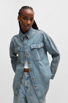 Long-length blue-denim shirt with patch pockets, Blue