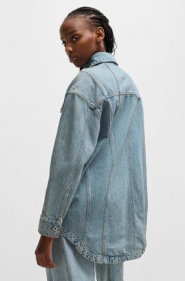 Long-length blue-denim shirt with patch pockets, Blue