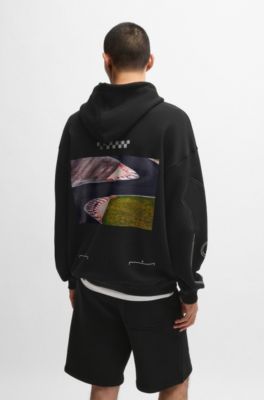 Racing-print hoodie in a cotton blend, Black