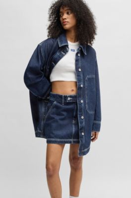 Oversize-fit denim jacket with contrast stitching, Dark Blue