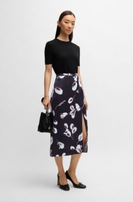 Satin midi skirt with tulip print, Patterned
