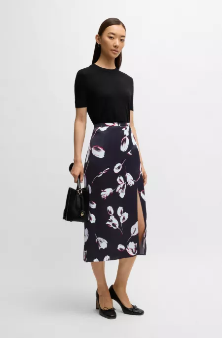 Satin midi skirt with tulip print