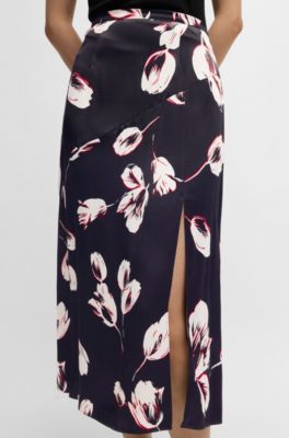 Satin midi skirt with tulip print, Patterned