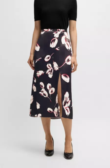 Satin midi skirt with tulip print