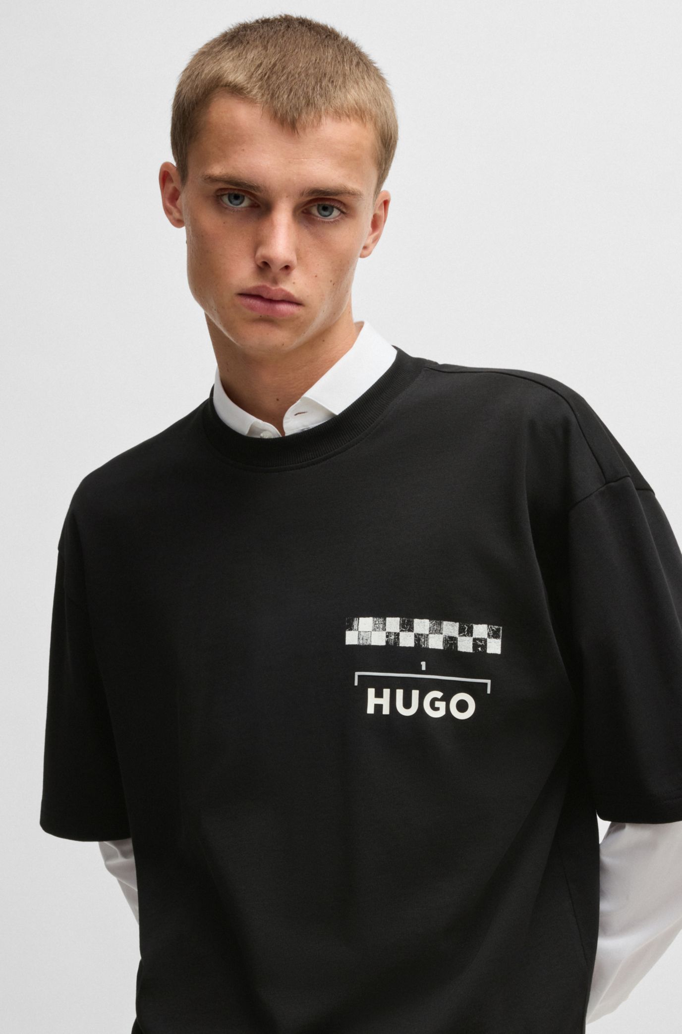 HUGO - Cotton-jersey T-shirt with racing prints - Black