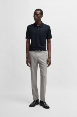 Relaxed-fit polo shirt in cotton-silk checked jacquard, Dark Blue