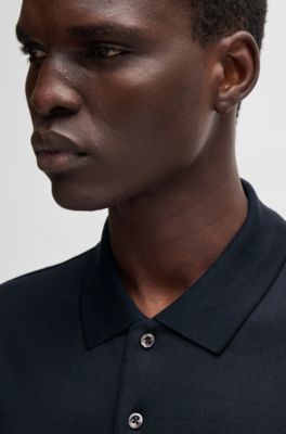 Relaxed-fit polo shirt in cotton-silk checked jacquard, Dark Blue