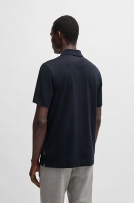 Relaxed-fit polo shirt in cotton-silk checked jacquard, Dark Blue