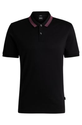 Mercerized-cotton slim-fit polo shirt with collar stripe, Black