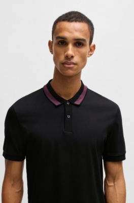Mercerized-cotton slim-fit polo shirt with collar stripe, Black