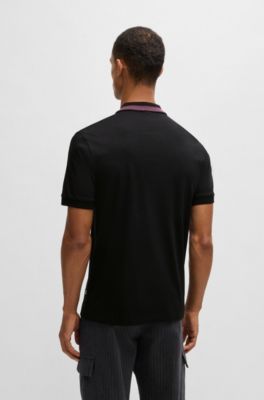 Mercerized-cotton slim-fit polo shirt with collar stripe, Black