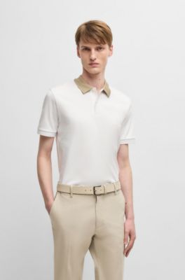 Mercerized-cotton slim-fit polo shirt with collar stripe, White
