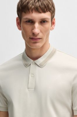 Mercerized-cotton slim-fit polo shirt with collar stripe, White