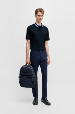 Mercerized-cotton slim-fit polo shirt with collar stripe, Dark Blue