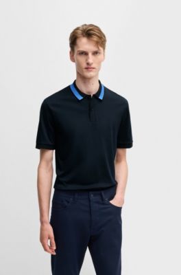 Mercerized-cotton slim-fit polo shirt with collar stripe, Dark Blue
