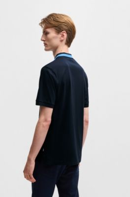 Mercerized-cotton slim-fit polo shirt with collar stripe, Dark Blue