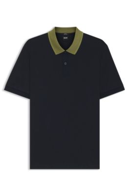 Mercerized-cotton slim-fit polo shirt with collar stripe, Dark Blue
