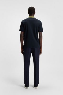 Mercerized-cotton slim-fit polo shirt with collar stripe, Dark Blue