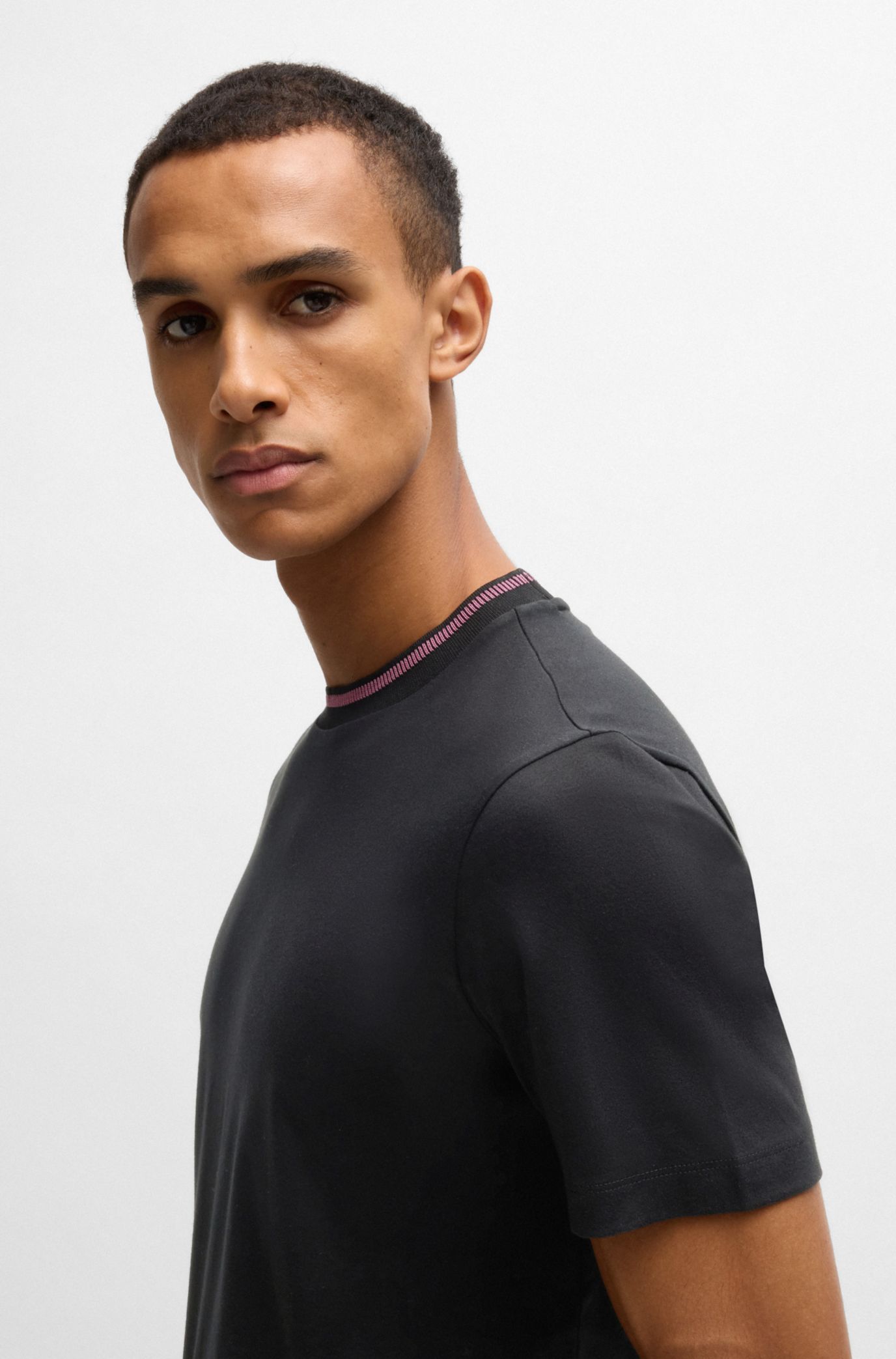 BOSS - Mercerized-cotton slim-fit T-shirt with collar stripe