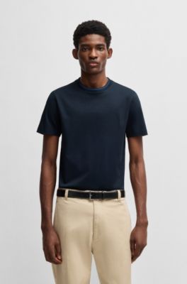 Mercerized-cotton slim-fit T-shirt with collar stripe, Dark Blue