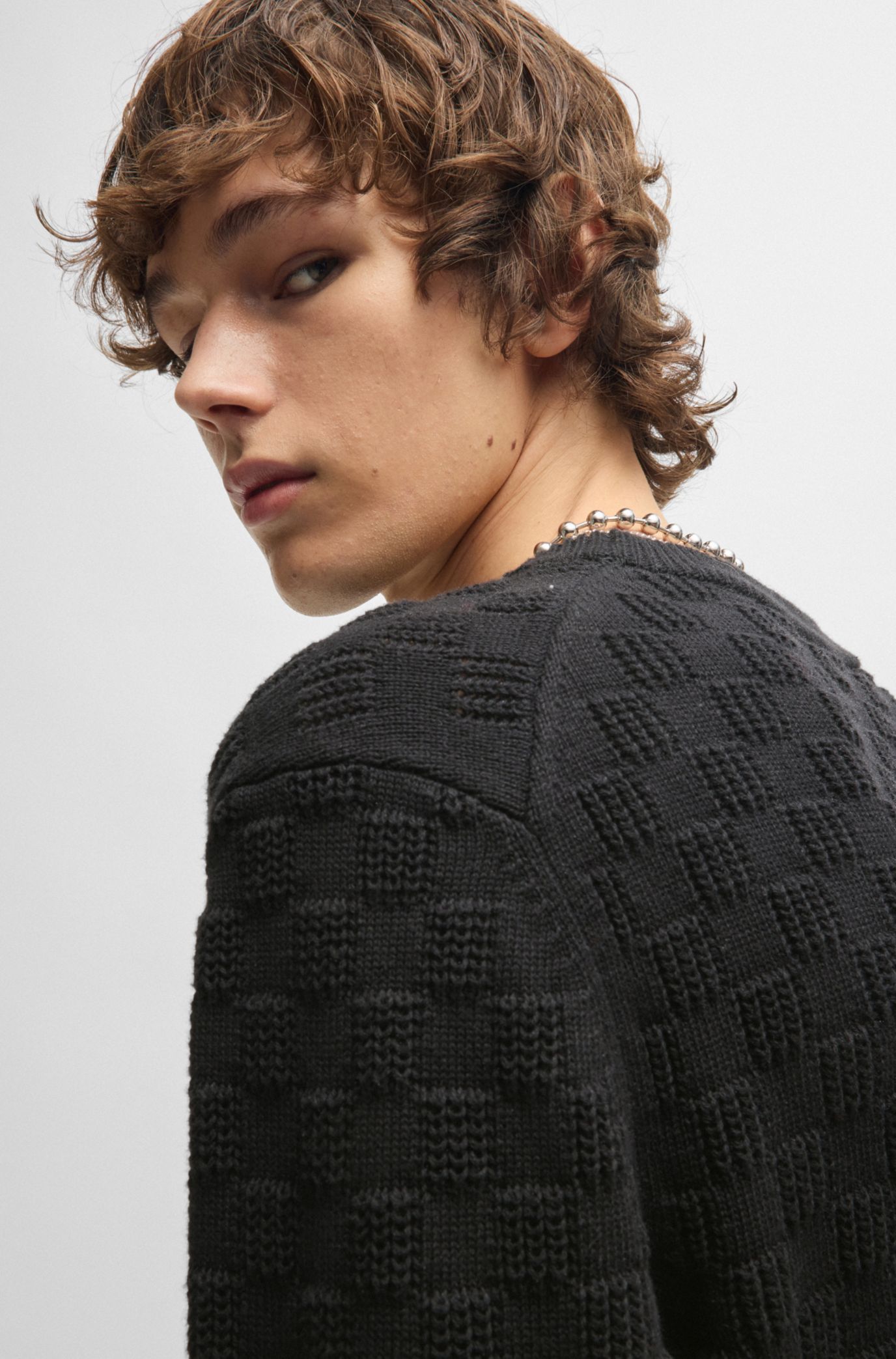 HUGO - Cotton relaxed-fit sweater with jacquard pattern - Black