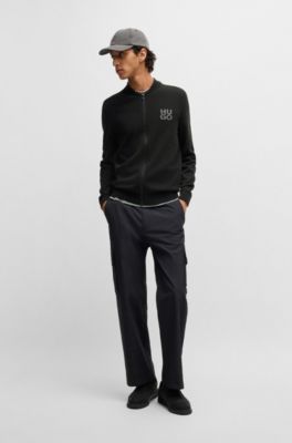 Zip-up cardigan in cotton with stacked logo, Black