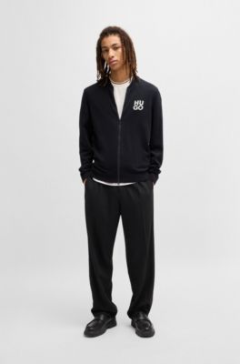 Zip-up cardigan in cotton with stacked logo, Dark Blue