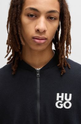 Zip-up cardigan in cotton with stacked logo, Dark Blue