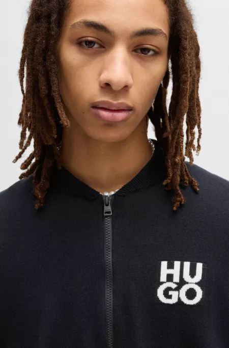 Zip-up cardigan in cotton with stacked logo