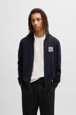 Zip-up cardigan in cotton with stacked logo, Dark Blue