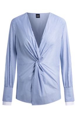 Chemisier Slim en coton avec rayures et devant torsad&eacute;, Bleu