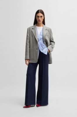 Chemisier Slim en coton avec rayures et devant torsad&eacute;, Bleu