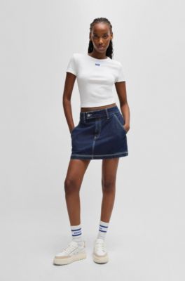 Denim mini skirt with contrast stitching, Dark Blue