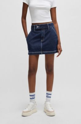 Denim mini skirt with contrast stitching, Dark Blue