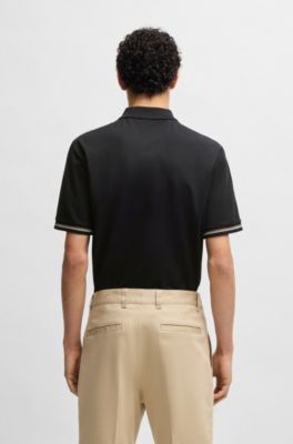 Mercerized-cotton regular-fit polo shirt with stripe trims, Black