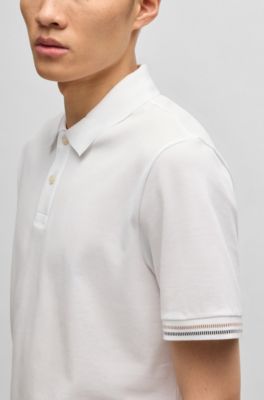 Mercerized-cotton regular-fit polo shirt with stripe trims, White