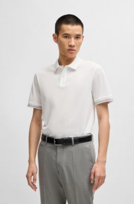 Mercerized-cotton regular-fit polo shirt with stripe trims, White