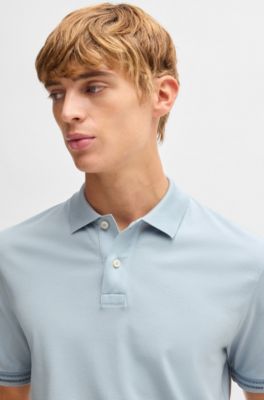 Polo Regular en coton merceris&eacute; avec finitions &agrave; rayures, bleu clair