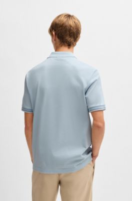 Polo Regular en coton merceris&eacute; avec finitions &agrave; rayures, bleu clair