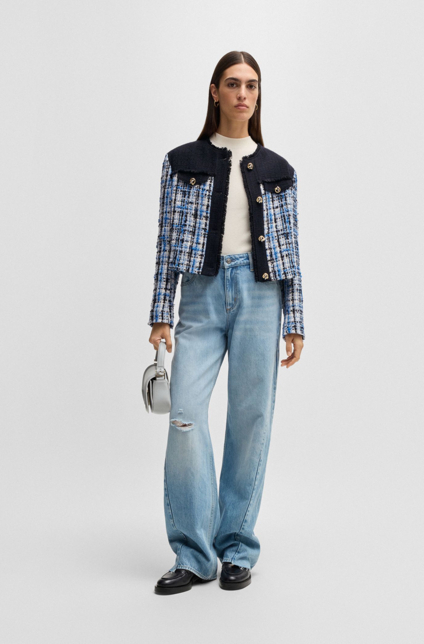 BOSS - Tweed jacket with contrast panels and knot buttons