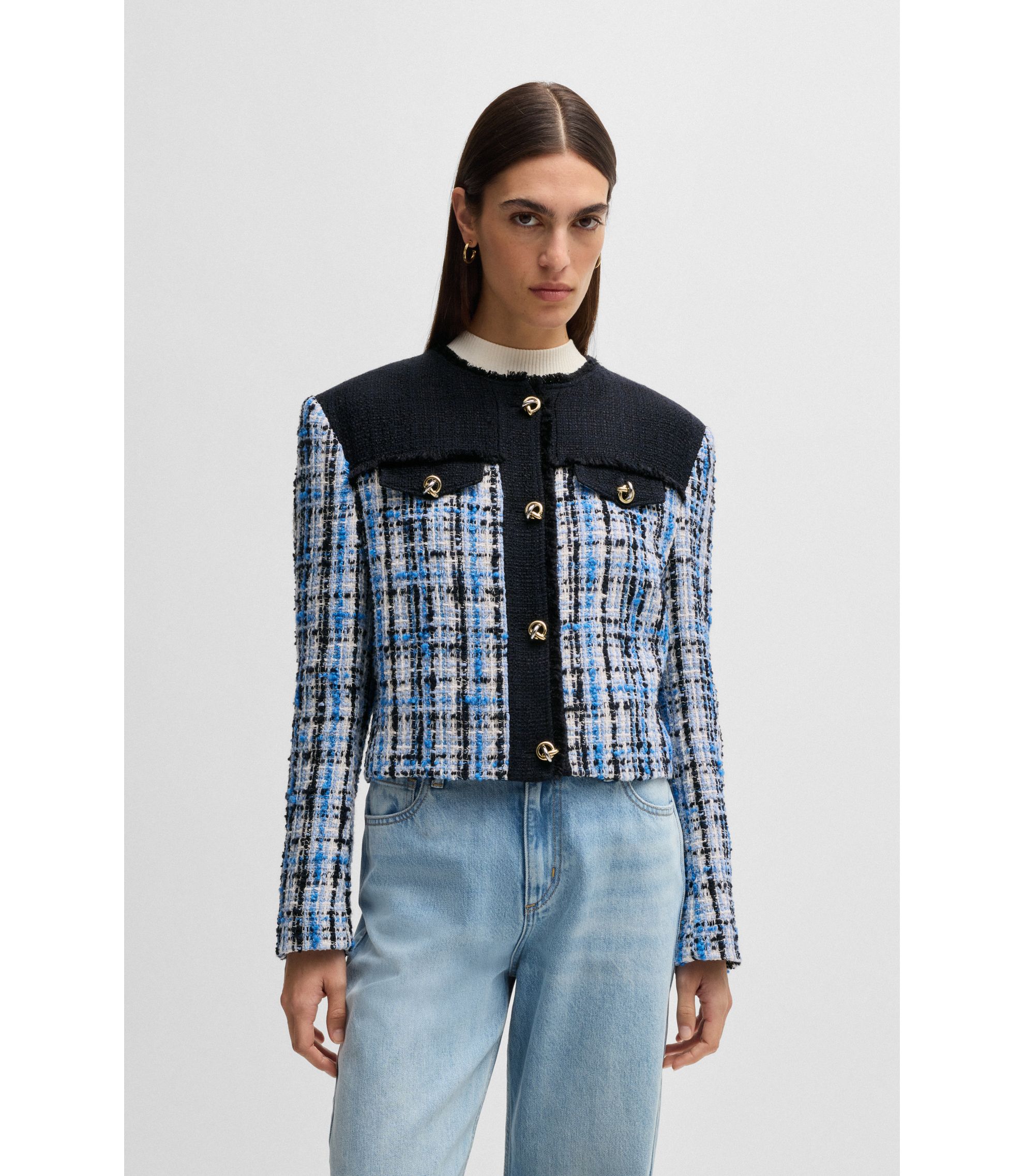 【gg】MIX TWEED PUFF SLEEVE JACKET Gingham Tweed Puff Sleeve Jacket