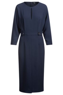 Vestido de mezcla de materiales con bot&oacute;n en la cintura, Azul oscuro