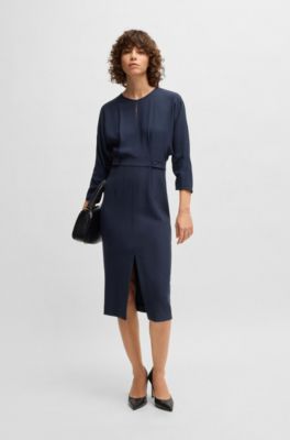 Mixed-material dress with button-tab waist, Dark Blue