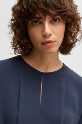 Vestido de mezcla de materiales con bot&oacute;n en la cintura, Azul oscuro