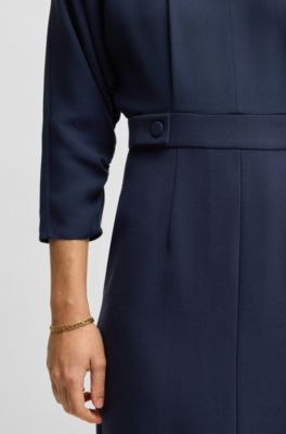 Vestido de mezcla de materiales con bot&oacute;n en la cintura, Azul oscuro