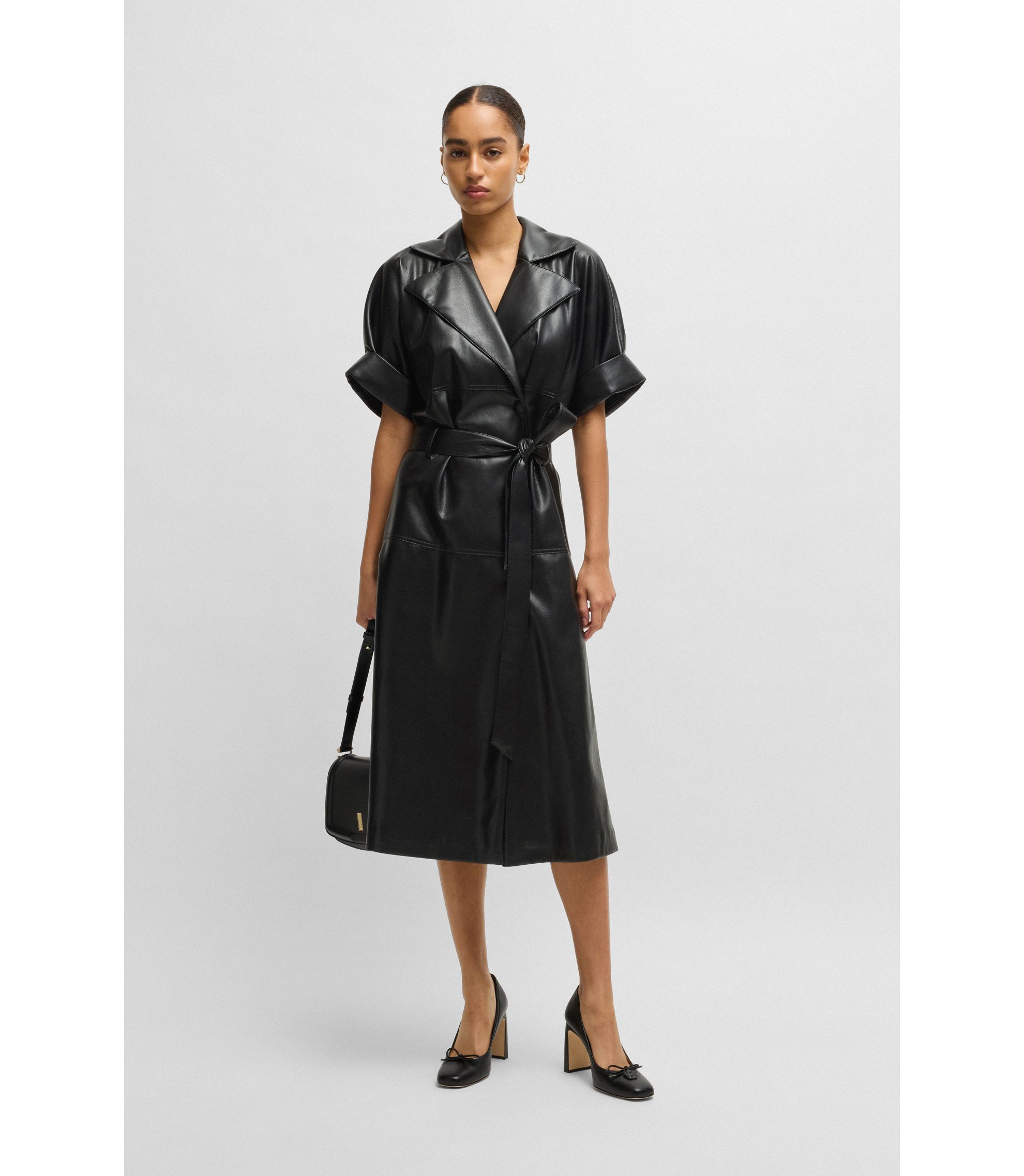 BOSS Vestido relaxed fit estilo gabardina de piel sintética Negro