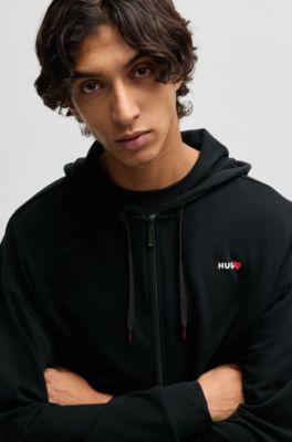 Sudadera con capucha y cremallera en algod&oacute;n con logo de temporada estampado, Negro