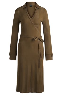Hugo Boss■Wrap dress■リブ編み BOSS - Wrap dress in lustrous ribbed jersey - Light Brown